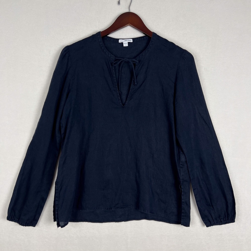 James Perse Navy Blue Peasant Tie Neck Long Sleeve 100% Linen Top Size 1/Small